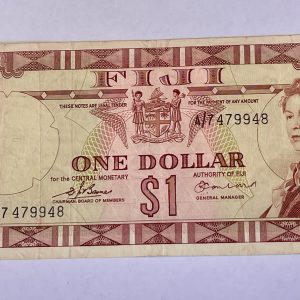 1974 Fiji 1 dollar Banknote. Serial number: A/7 479948