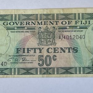 1969 Fiji 50 Cents Banknote. Serial number: A/4012040