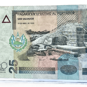 1999  El Salvador 25 Veinticinco Colones Banknote. Serial Number: 18702831
