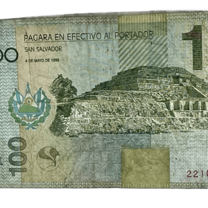 1998  El Salvador 100 Cien Colones Banknote. Serial Number: 22100485