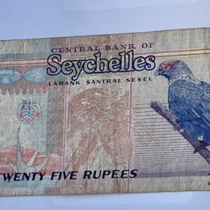 Governor Seychelles 25 Rupees Banknote. Serial Number: AE143192